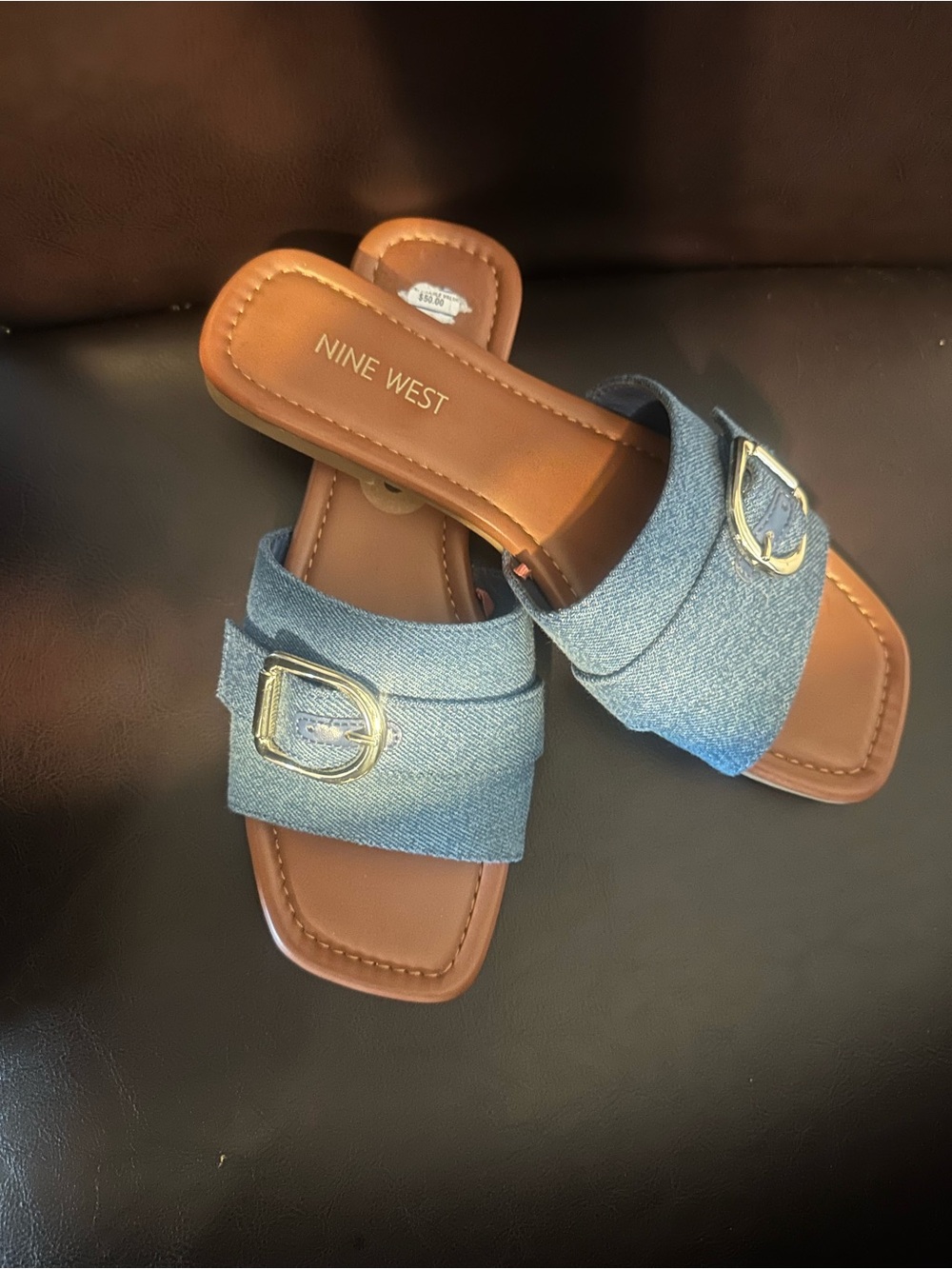 Nine West Denim Blue Slide Sandals with Gold Buckle